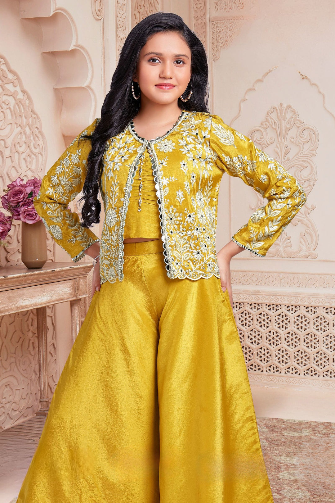Yellow Embroidery, Sequins, Zari and Mirror work Jacket Styled Palazzo Set for Girls