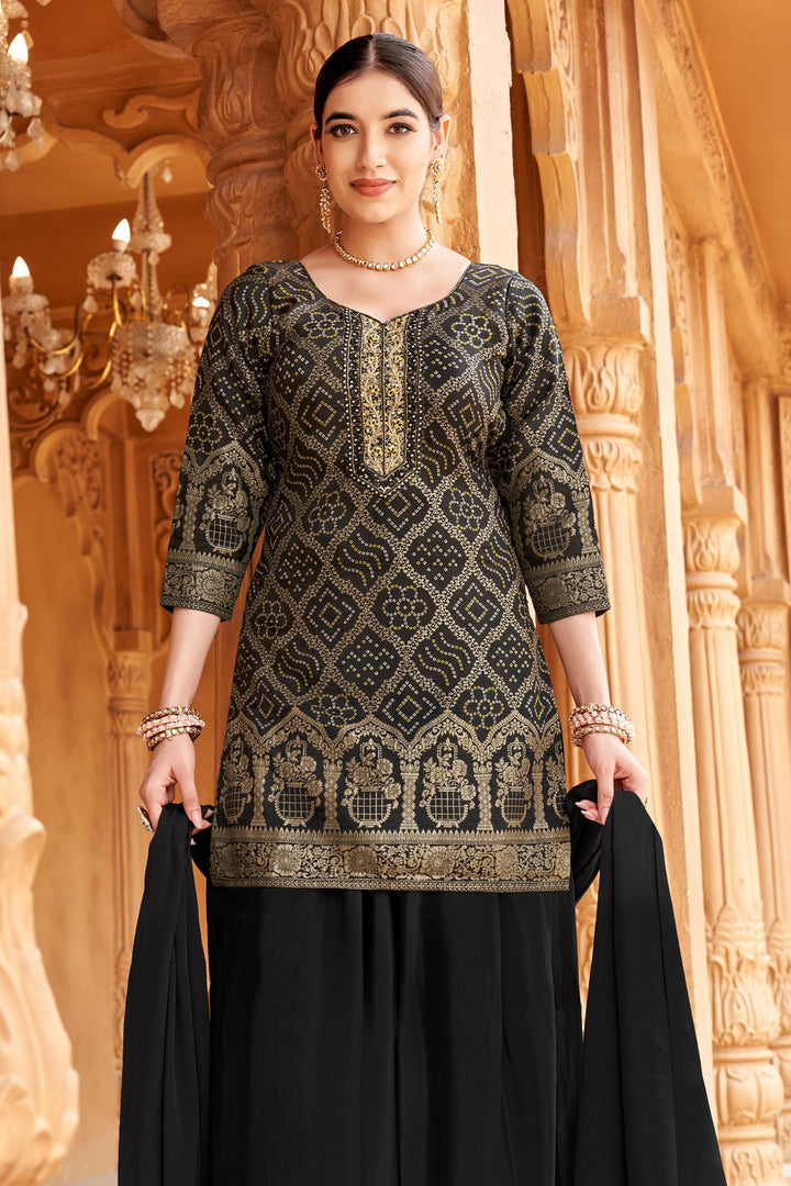 Black Stone, Beads, Zardozi and Sequins work with Bandini Print Palazzo Salwar Suit