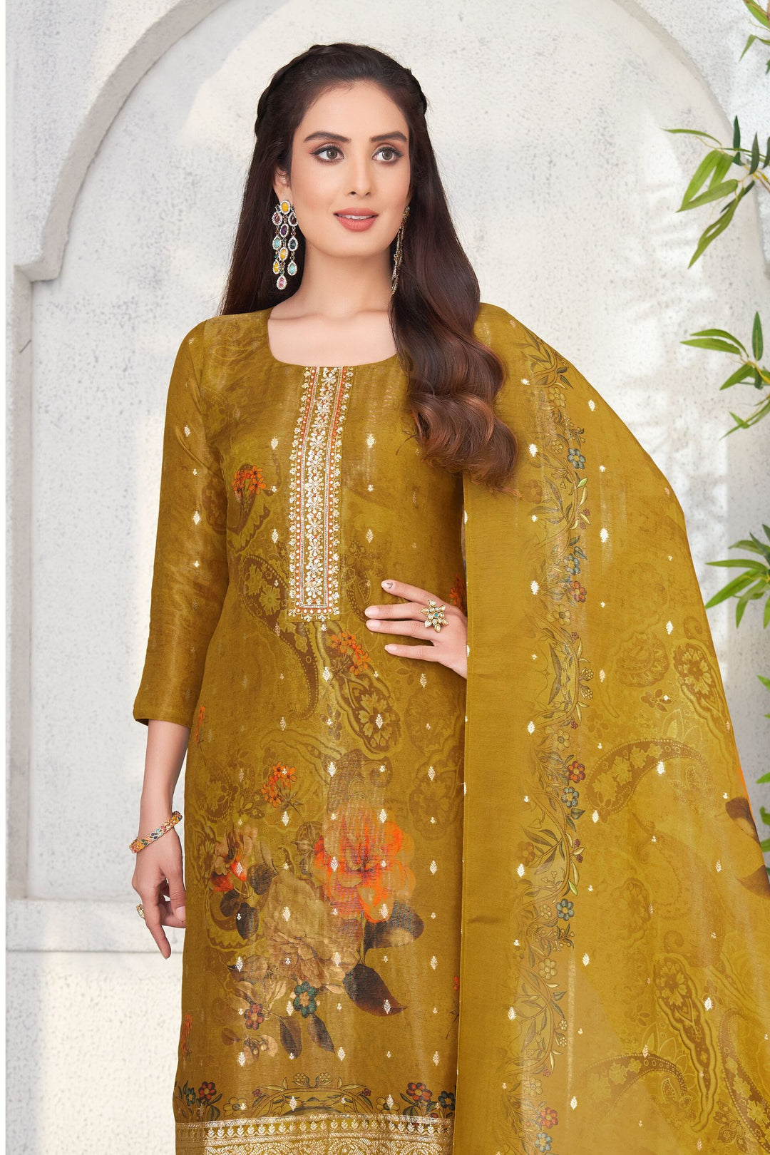 Mustard Banaras and Sequins work Straight Cut Salwar Suit with Floral Print Dupatta