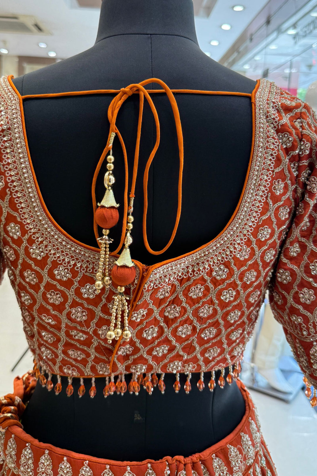 Rust Handworked Zardozi, Sequins, Pearl and Beads work Crop Top Designer Bridal Lehenga