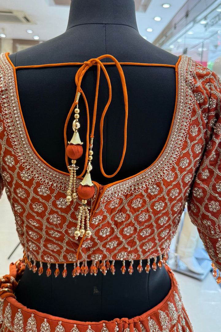 Rust Handworked Zardozi, Sequins, Pearl and Beads work Crop Top Designer Bridal Lehenga