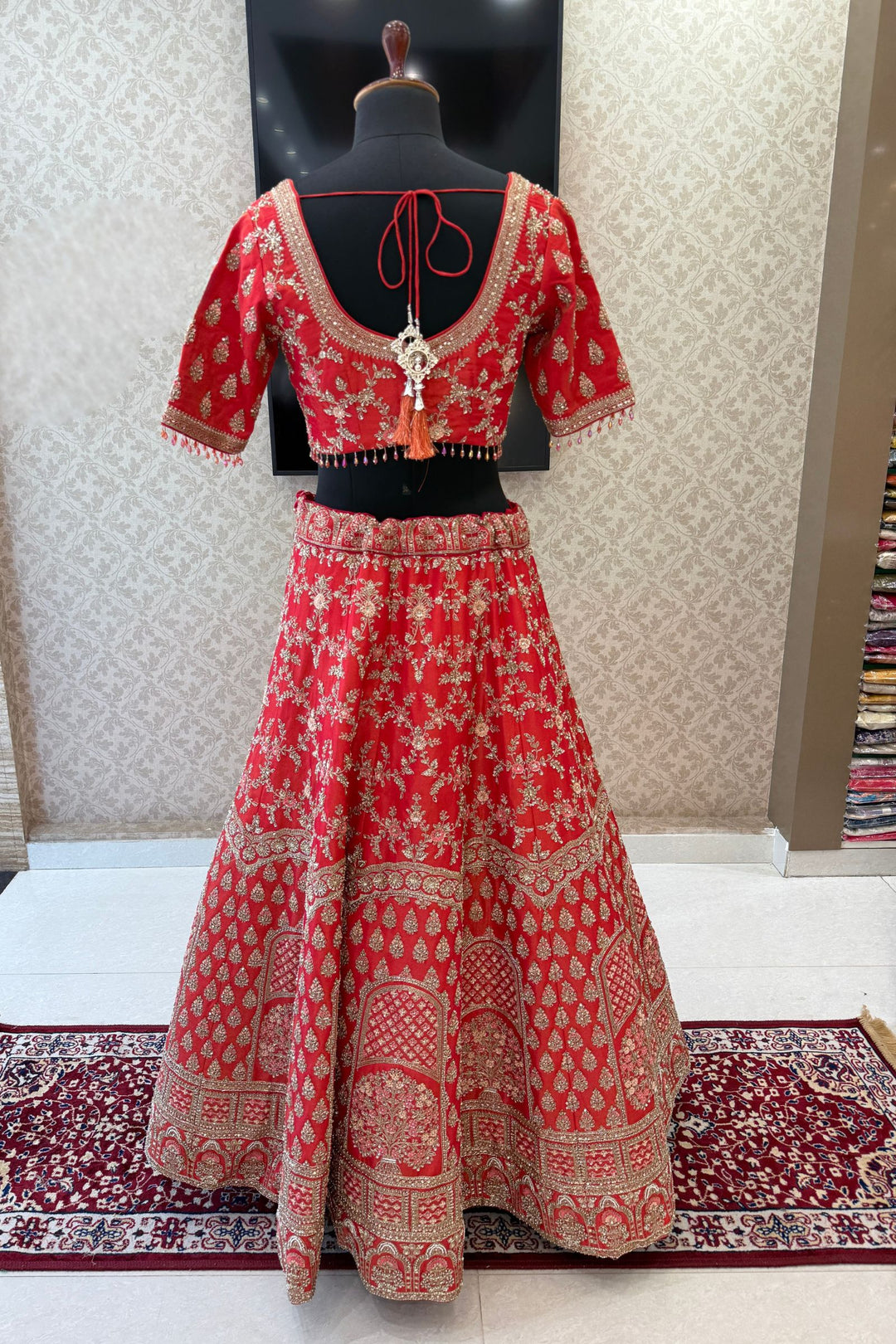 Tomato Red Beads, Zardozi, Sequins and Zari work Crop Top Designer Bridal Lehenga