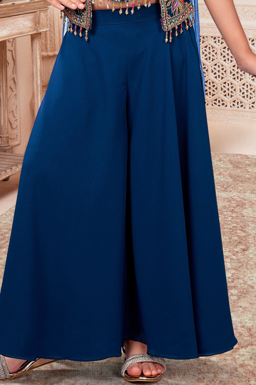 Teal Blue Multicolor Embroidery, Sequins and Zari work Palazzo Suit Set for Girls