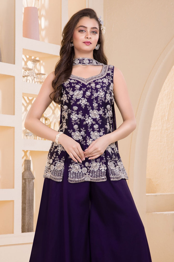 Wine Beads and Sequins work Palazzo Suit Set for Girls