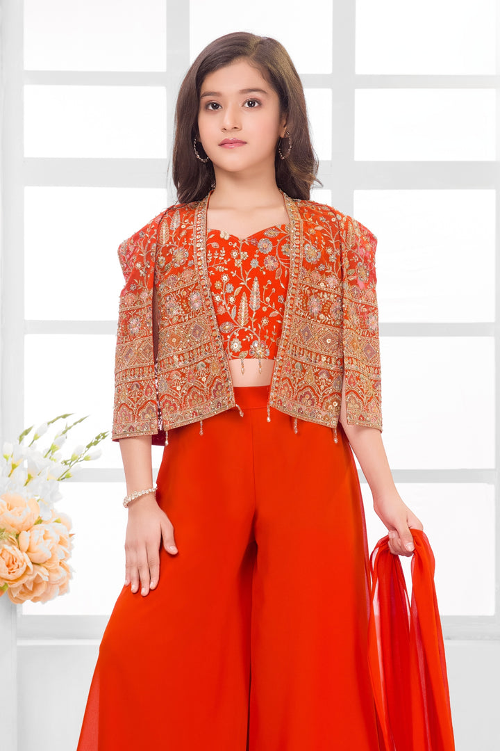 Orange Stone, Zari and Multicolor Embroidery work Jacket Styled Palazzo Set for Girls