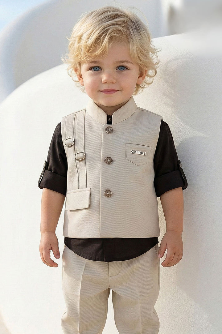 Cream with Brown Waist Coat Set for Boys