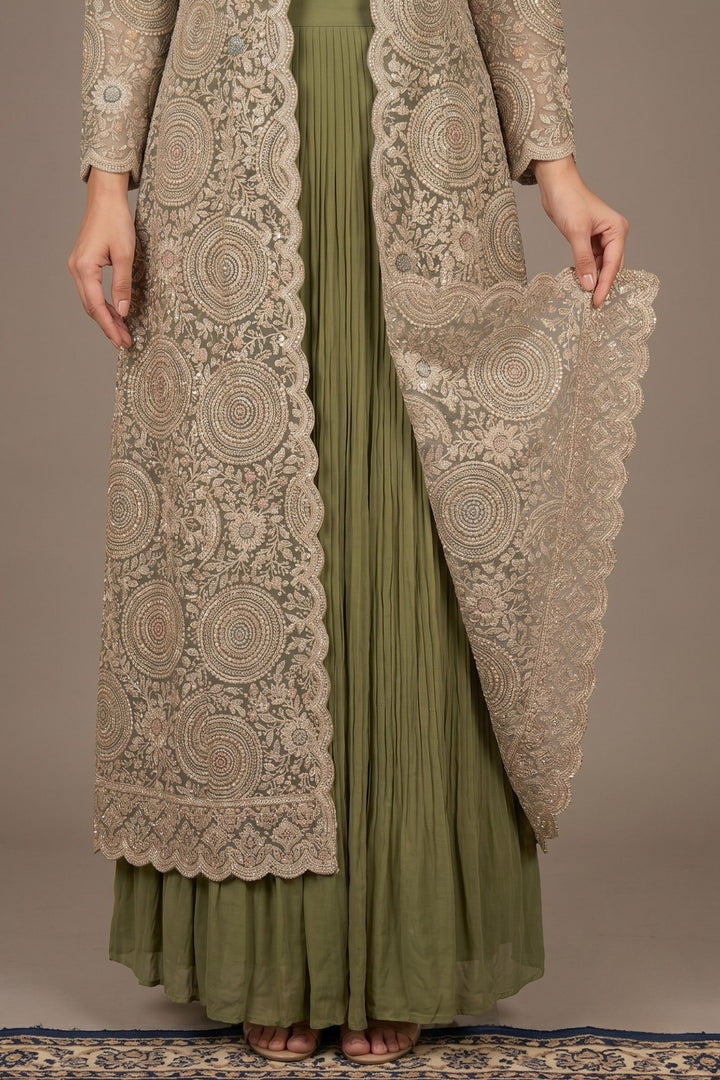 Olive Green Drape Style Lehenga with Sequins, Stone and Zari work Long Overcoat