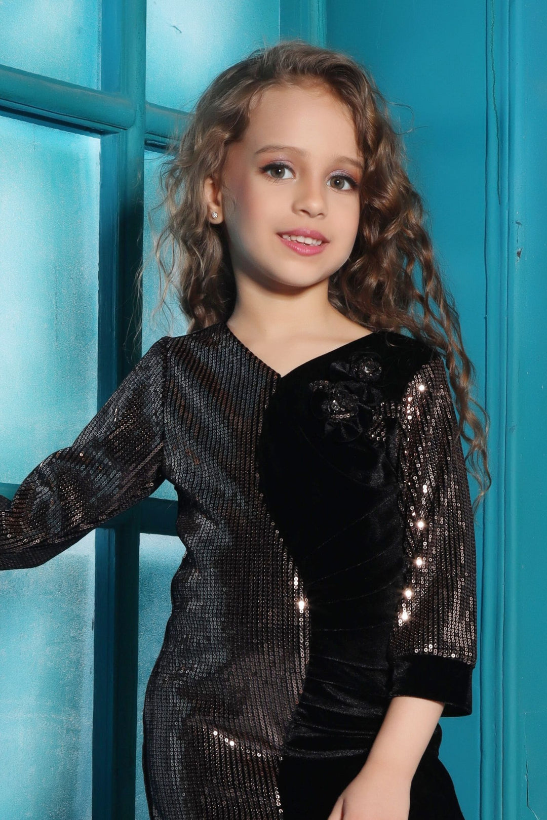 Black Sequins work Partywear Short Frock for Girls