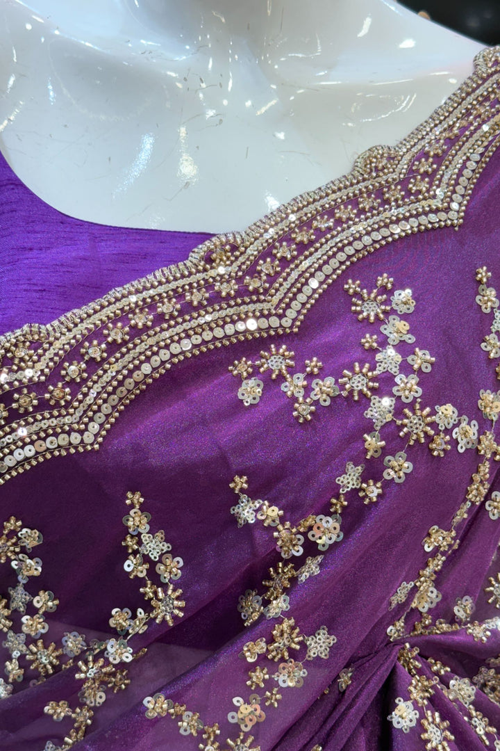 Violet Beads, Zari and Sequins work Saree