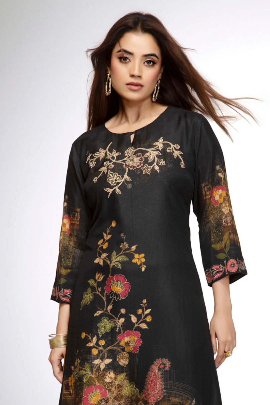 Black Thread and Mirror work with Floral Print Calf Length Kurti