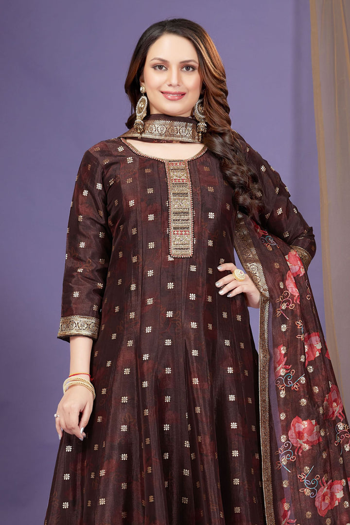 Coffee Brown Banaras, Zardozi and Sequins work with Digital Print Anarkali Style Salwar