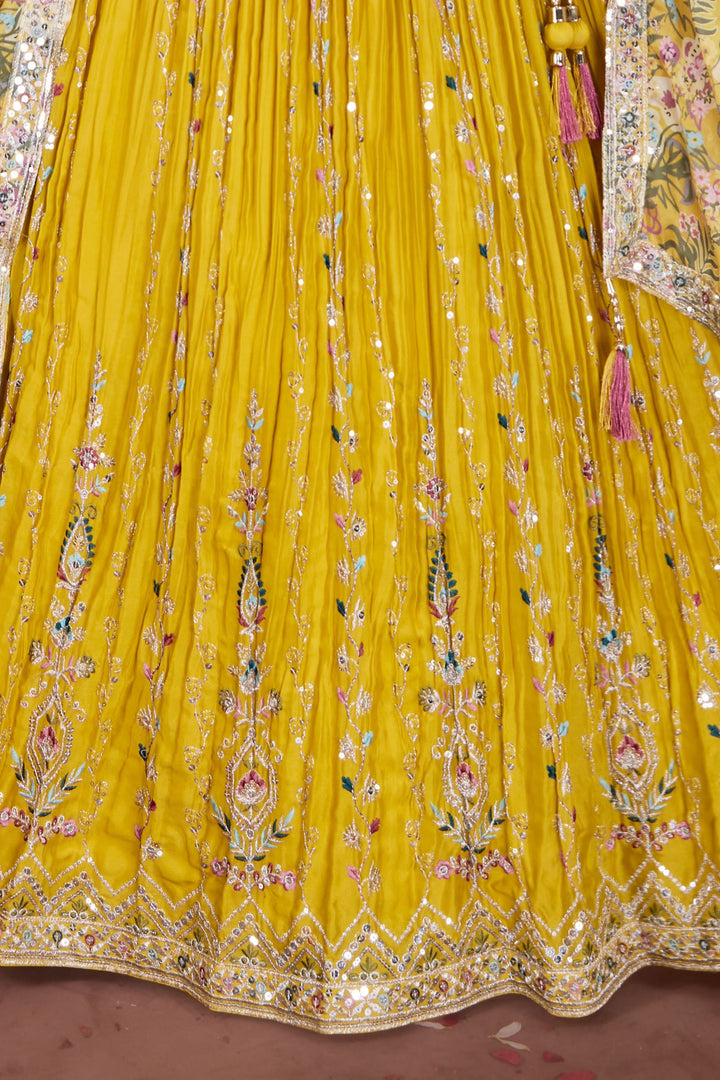 Yellow Multicolor Thread, Zari and Sequins work Crop Top Lehenga