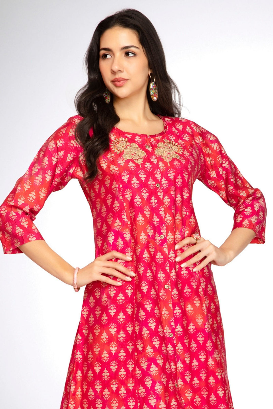 Pink with Orange Mirror and Thread work with Digital Print A-Line Cut Calf Length Kurti