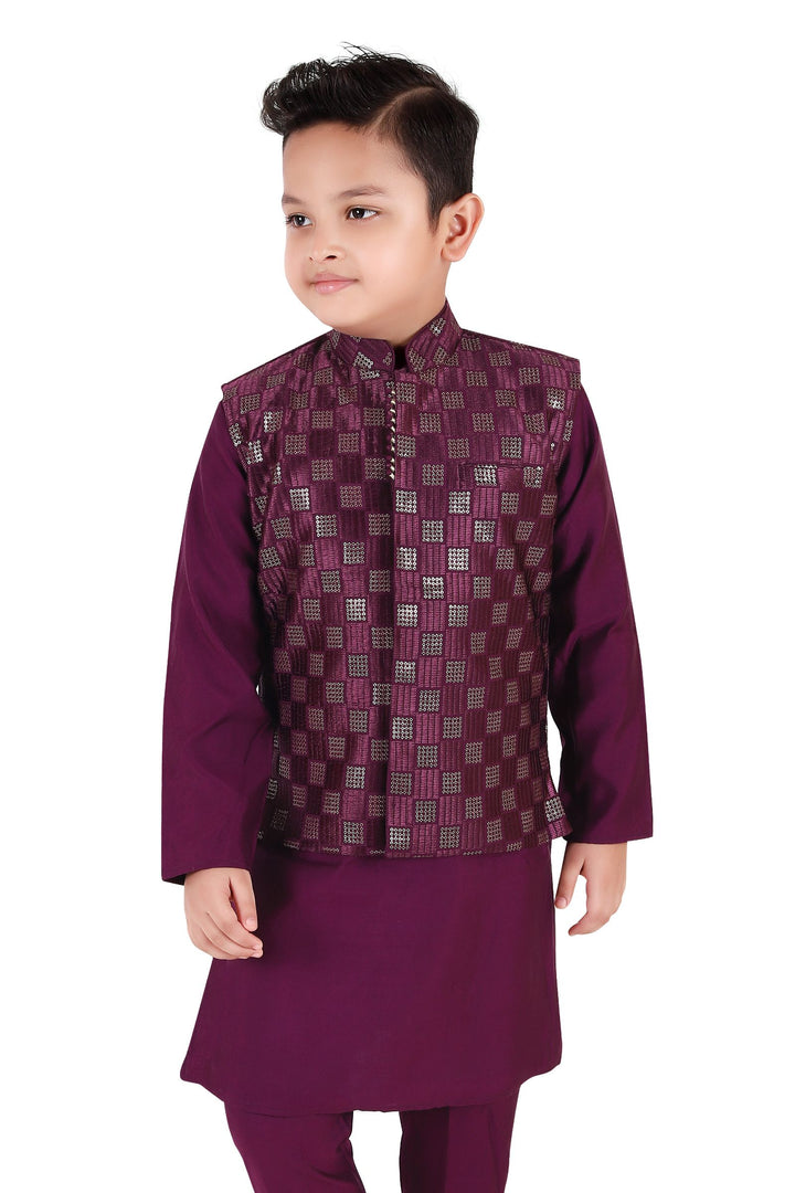 Wine Thread and Sequins work Waist Coat Kurta Set for Boys