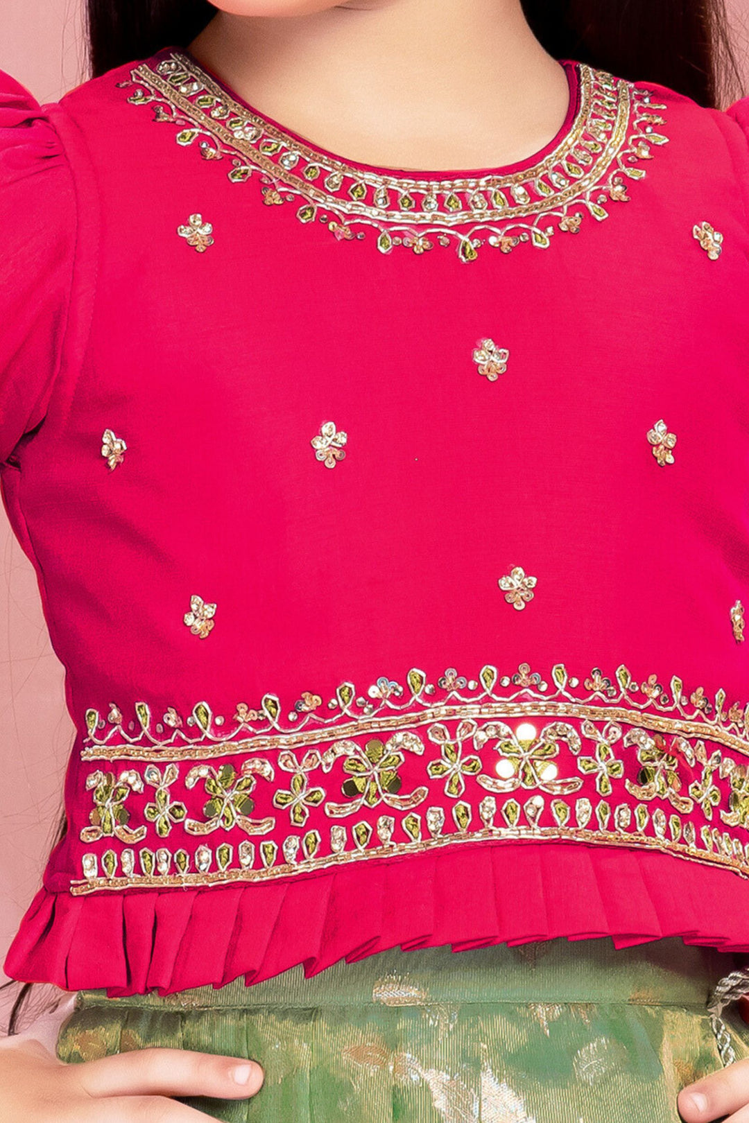 Rani Pink with Sea Green Zardozi, Sequins and Zari Weaving work Lehenga Choli for Girls