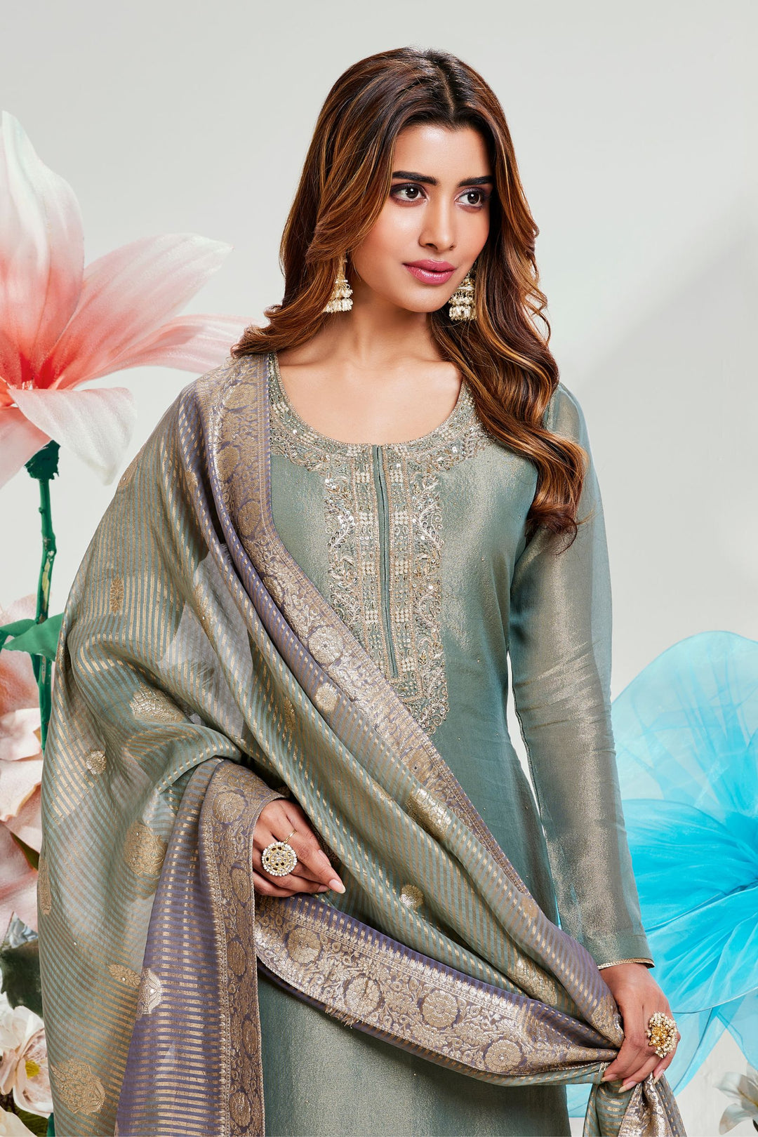 Peacock Green Beads, Pearl, Zardozi, Sequins and Zari work Straight Cut Salwar Suit