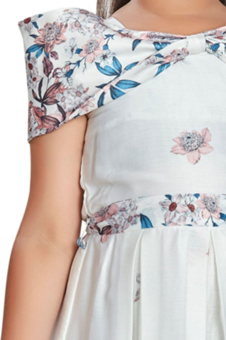 Cream with Peach Floral Print Short Frock For Girls