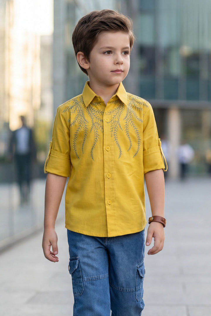 Yellow Thread work Shirt and Blue Pant Set for Boys