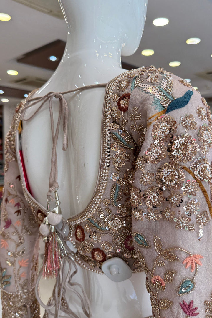 Beige Wedding Lehenga with Bird and Deer Motifs and Floral Bloom Embroidery with Belt