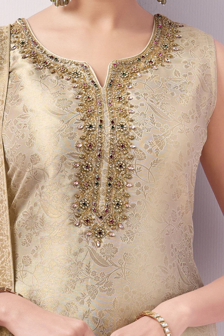 Cream Brocade, Kundan, Zardozi, Beads and Stone work Straight Cut Salwar Suit
