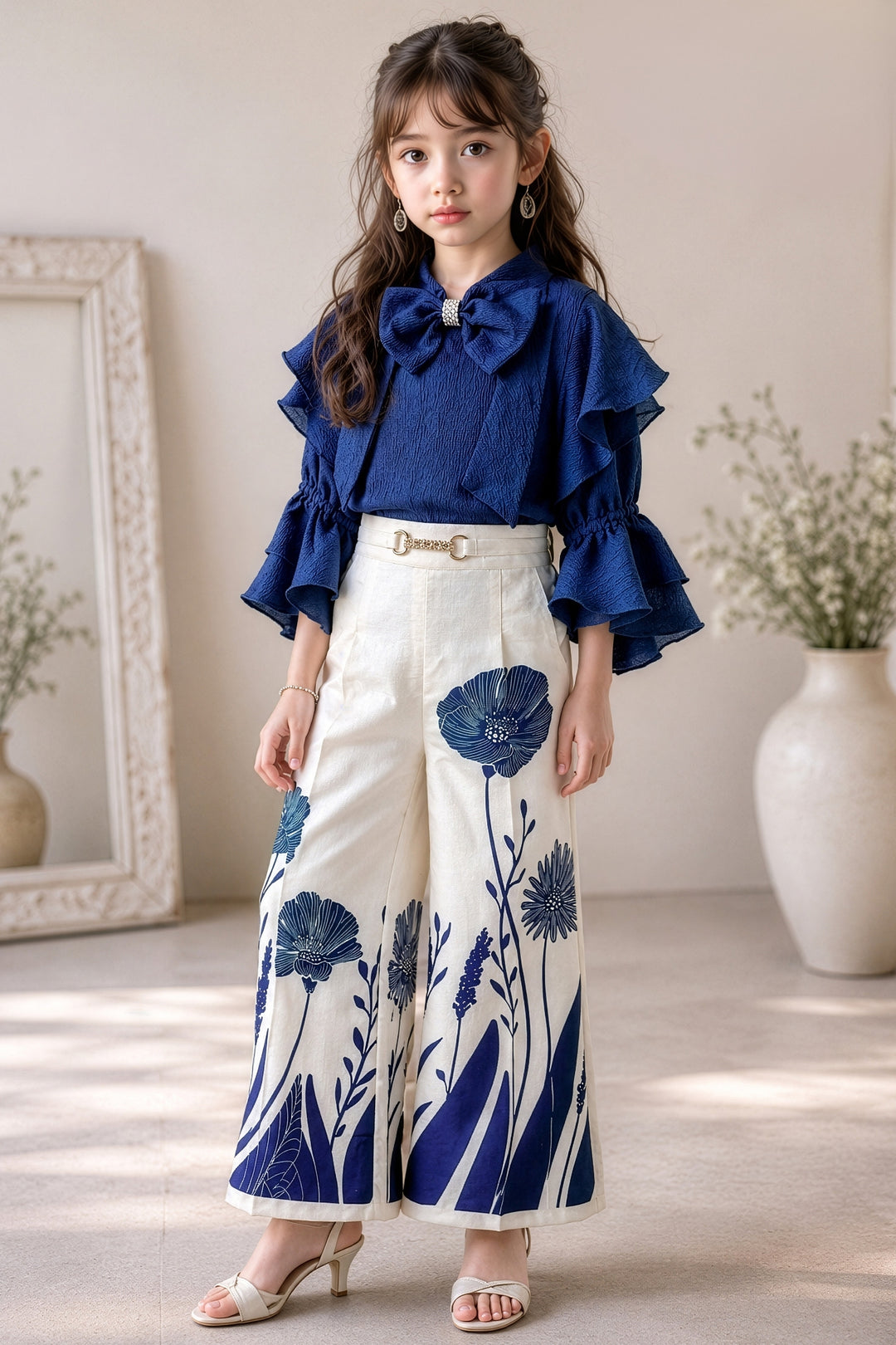 Teal Blue with Cream Top and Floral Print Palazzo Set for Girls