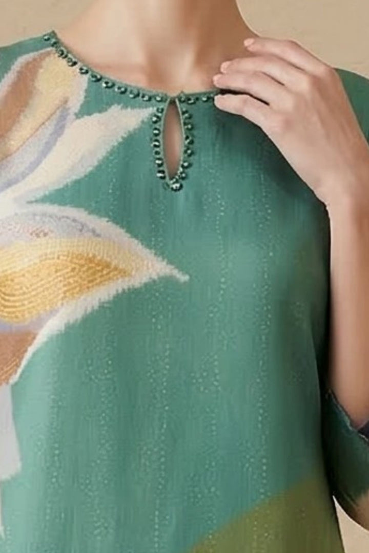 Sea Green Beads work with Multicolor Digital Print Calf Length Kurti