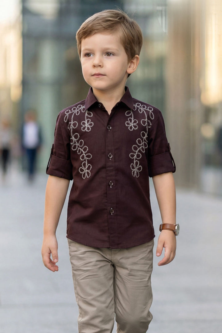 Wine Thread work Shirt and Grey Pant Set for Boys