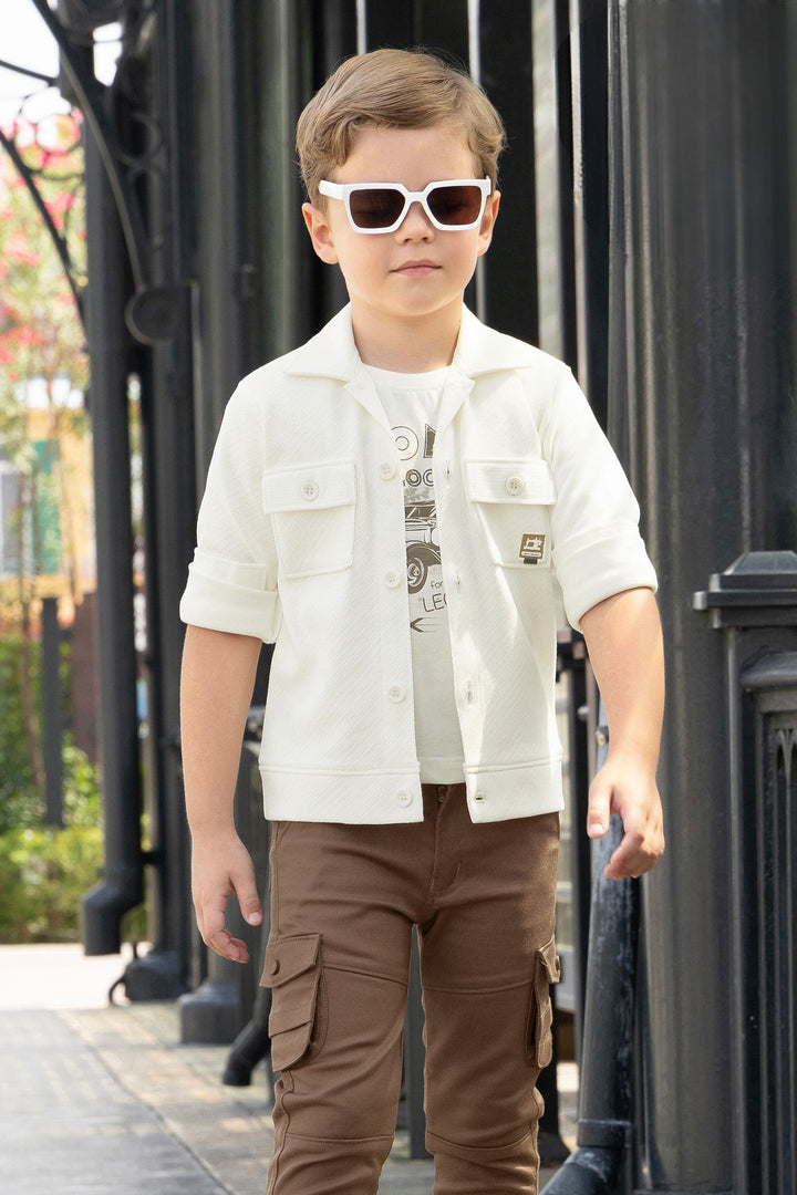 Sandal Blazer, Printed T-Shirt and Brown Pant Set for Boys