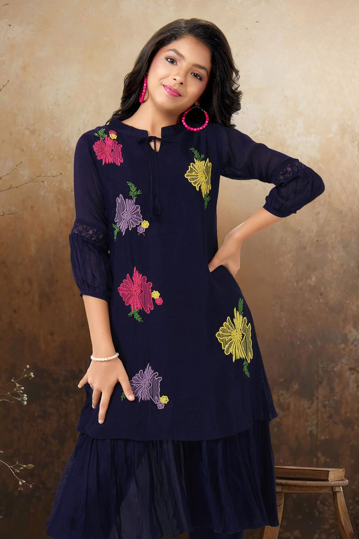 Navy Blue Multicolor Embroidery and Beads work Casual Kurti for Girls