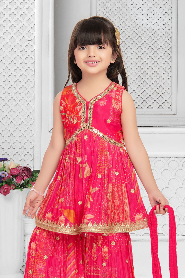 Rani Pink Digital Print, Mirror, Sequins, Beads and Zari work Peplum Top and Sharara Set for Girls