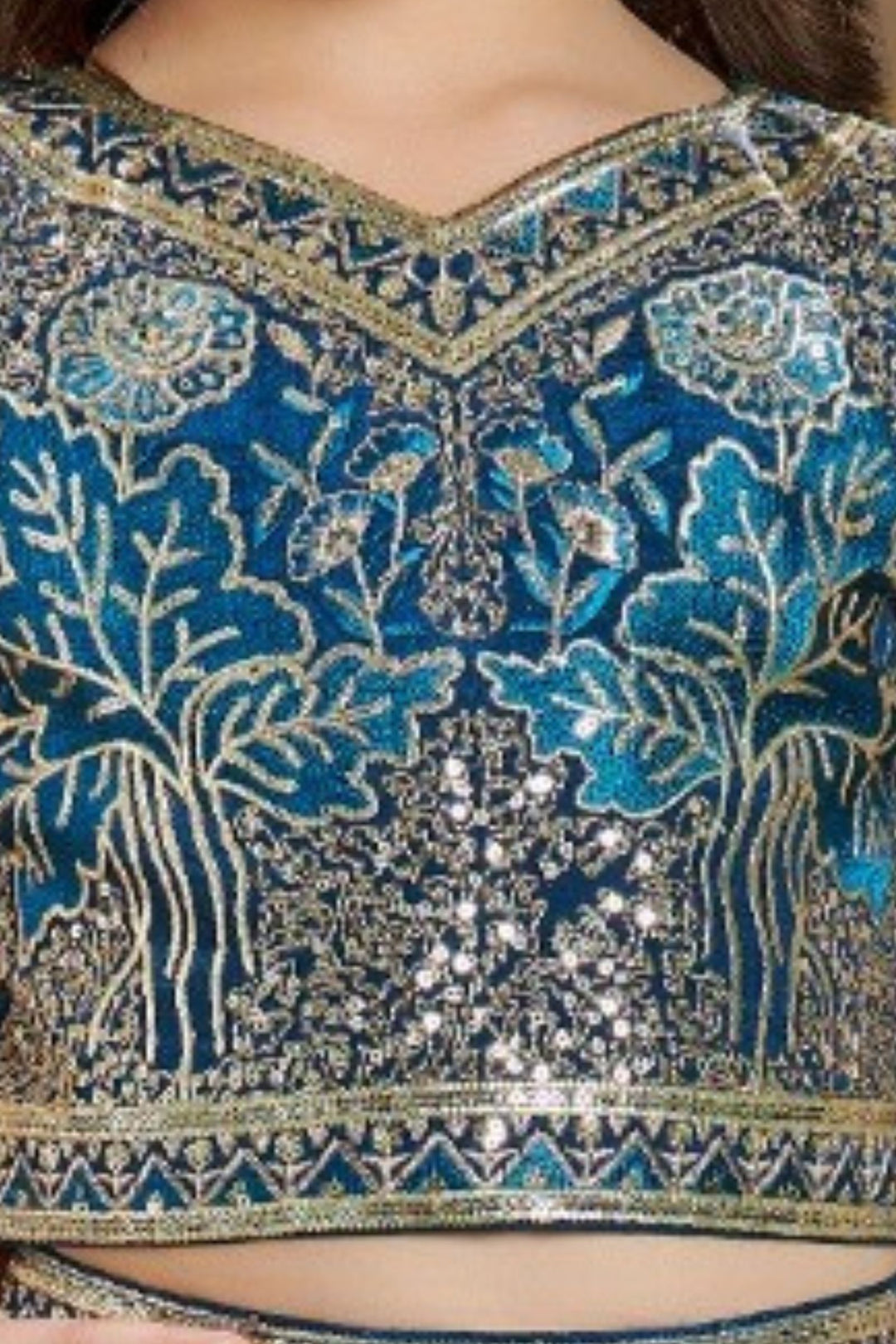 Teal Blue Sequins, Zari and Thread work Lehenga Choli for Girls