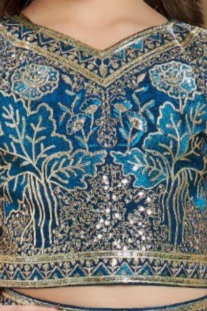 Teal Blue Sequins, Zari and Thread work Lehenga Choli for Girls