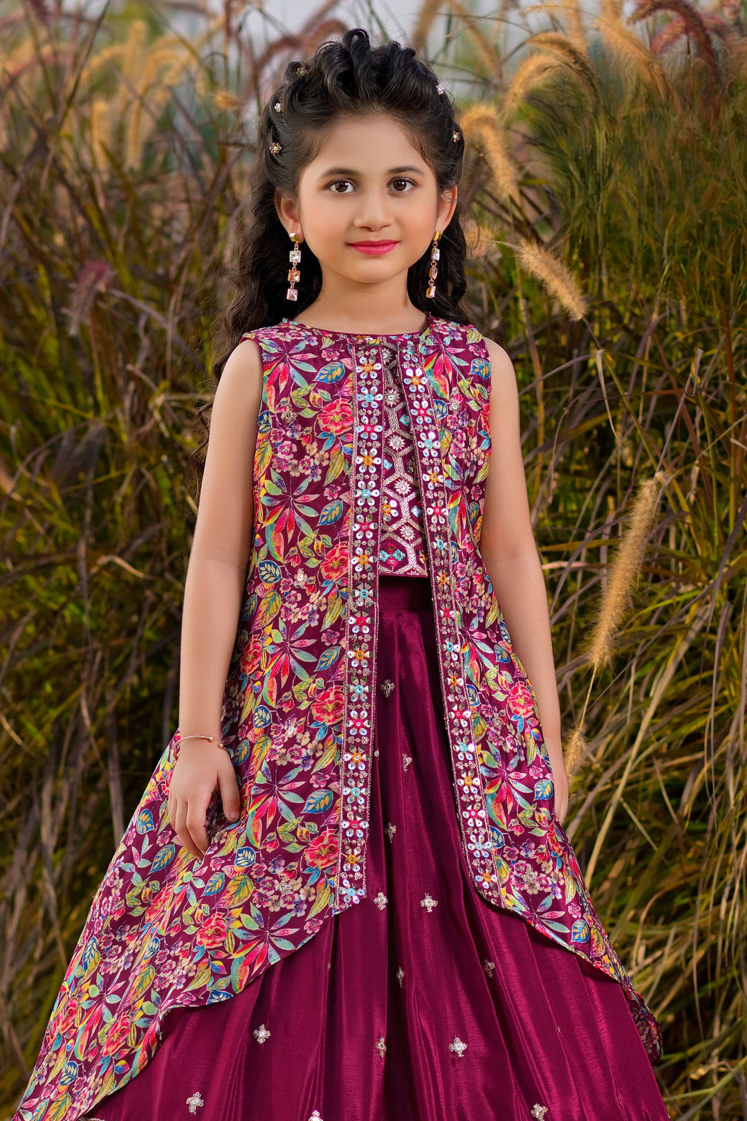 Wine Sequins and Zari work with Floral Print Overcoat Styled Lehenga Choli for Girls