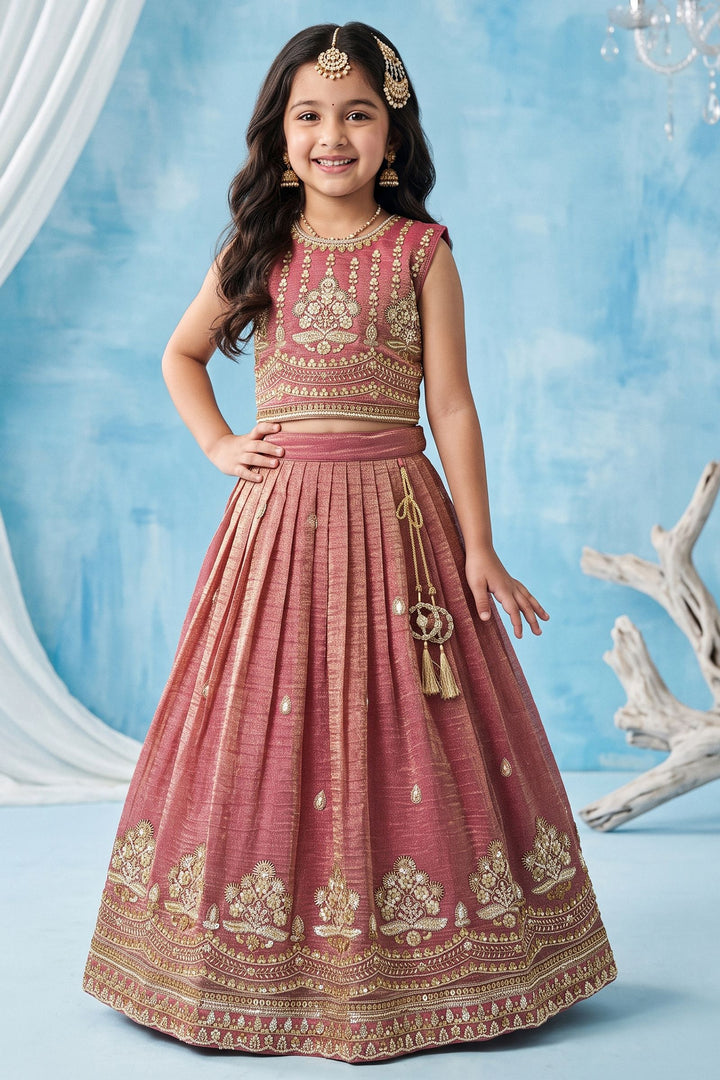 Peach Beads, Sequins and Zari work Lehenga Choli for Girls