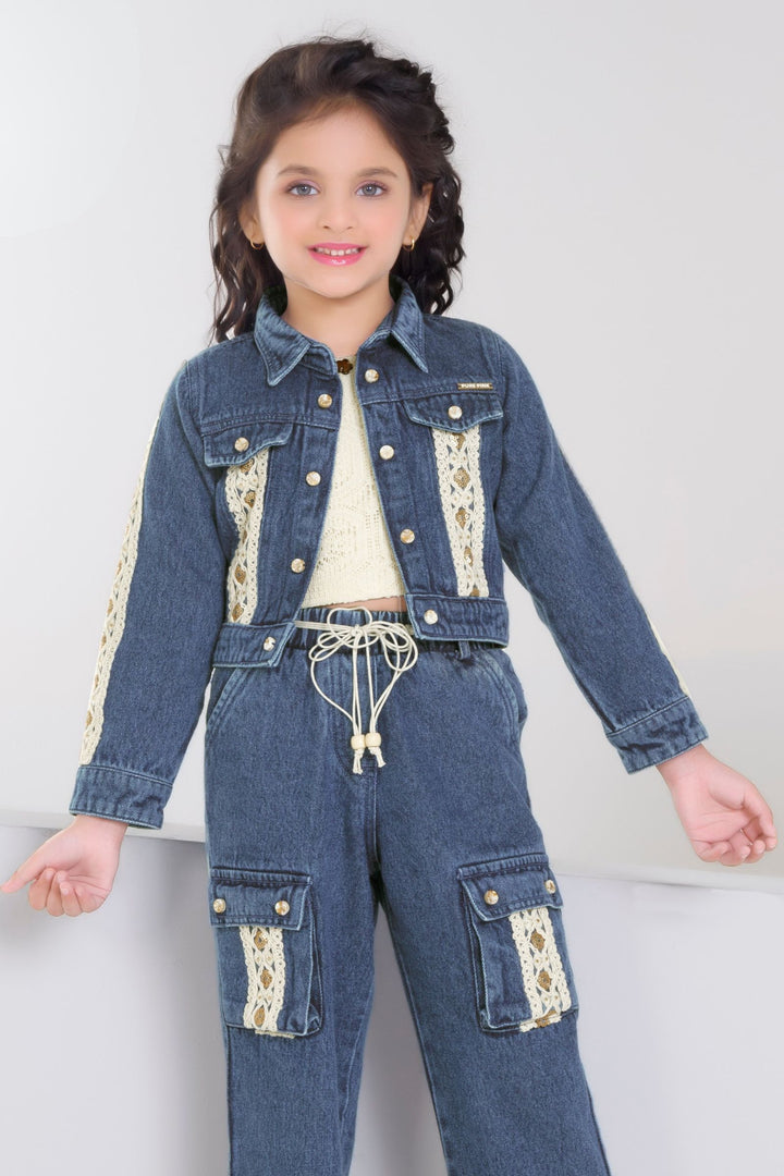Blue with Cream Thread and Sequins work Jacket Styled Top and Pant Set for Girls