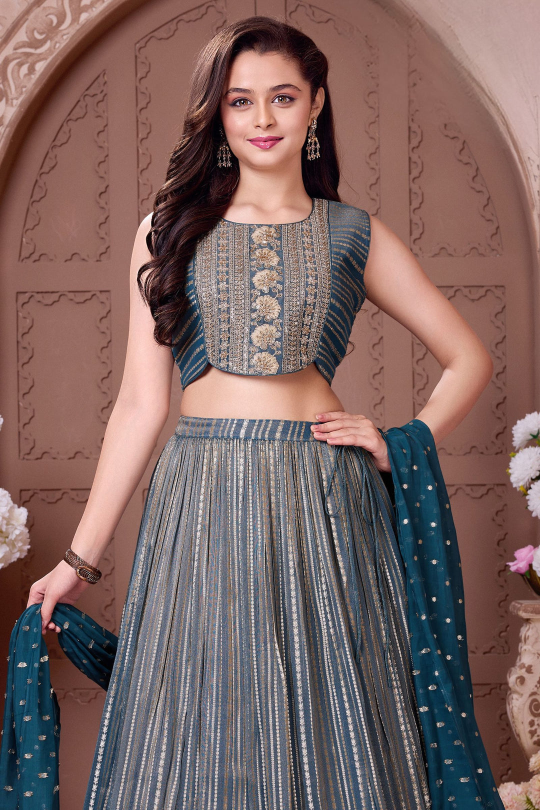 Peacock Blue Sequins, Beads, Zari and Thread work Lehenga Choli for Girls