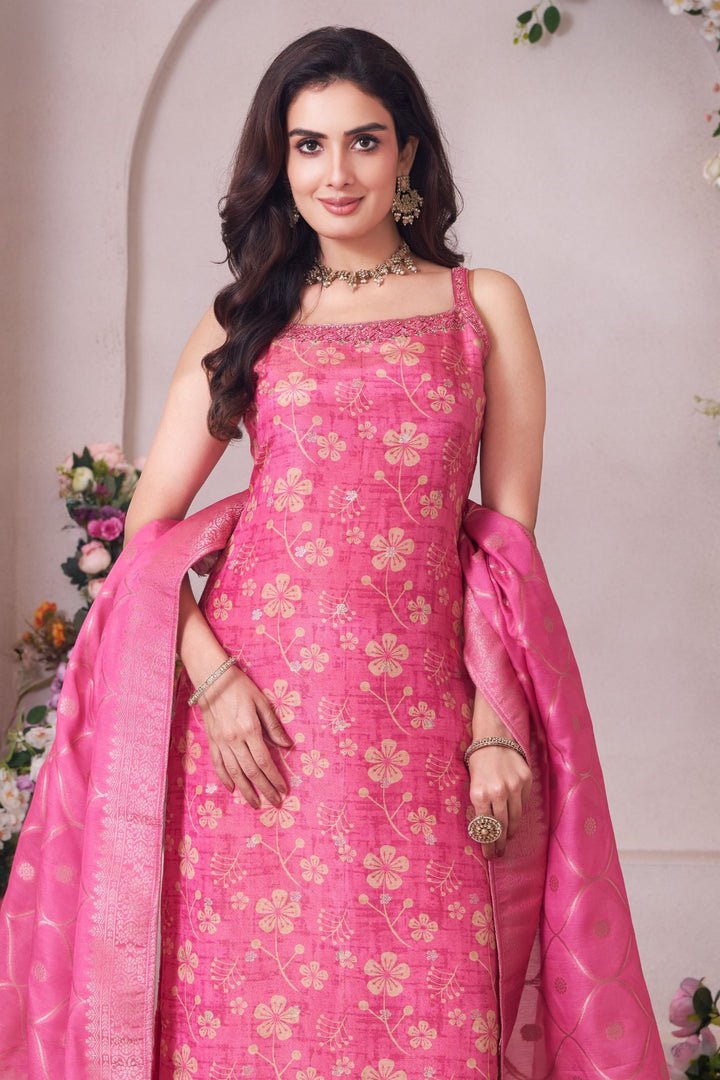 Pink Zardozi, Stone, Mirror, Zari and Beads work with Floral Print Straight Cut Salwar Suit