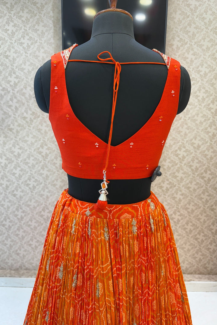 Orange Mirror, Stone, Zardozi and Sequins work with Bandini Print Crop Top Lehenga