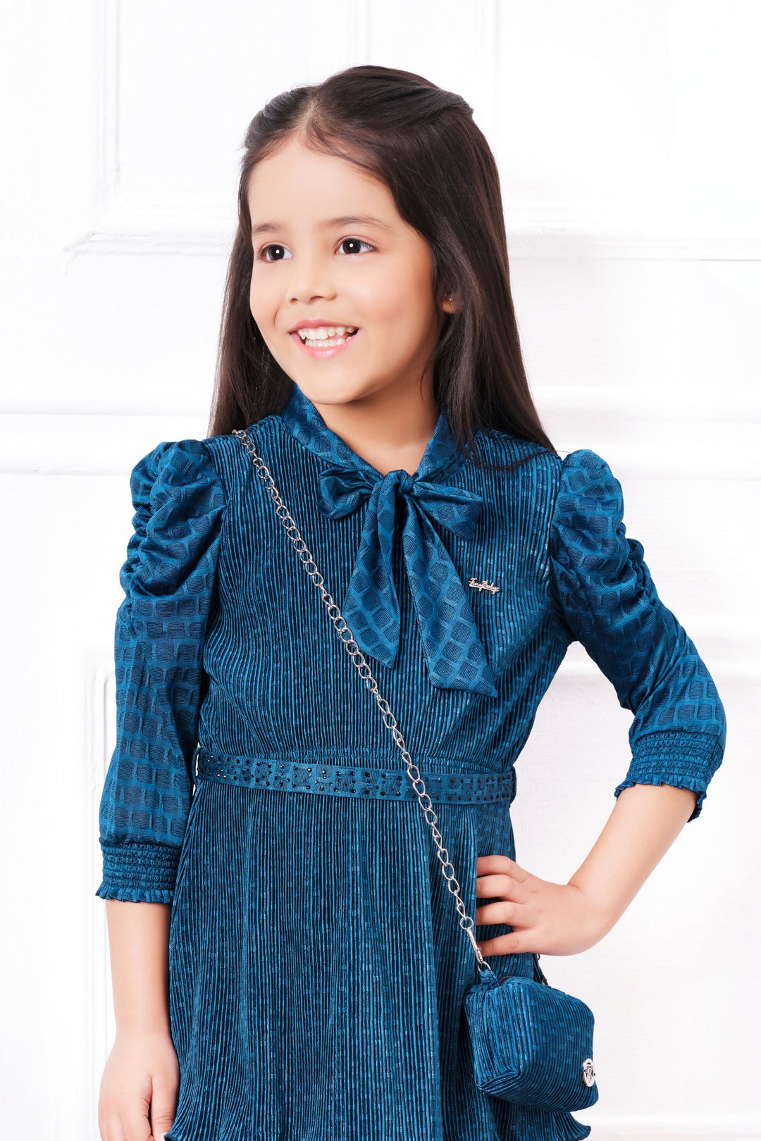 Teal Blue Short Frock For Girls with Belt and Bag