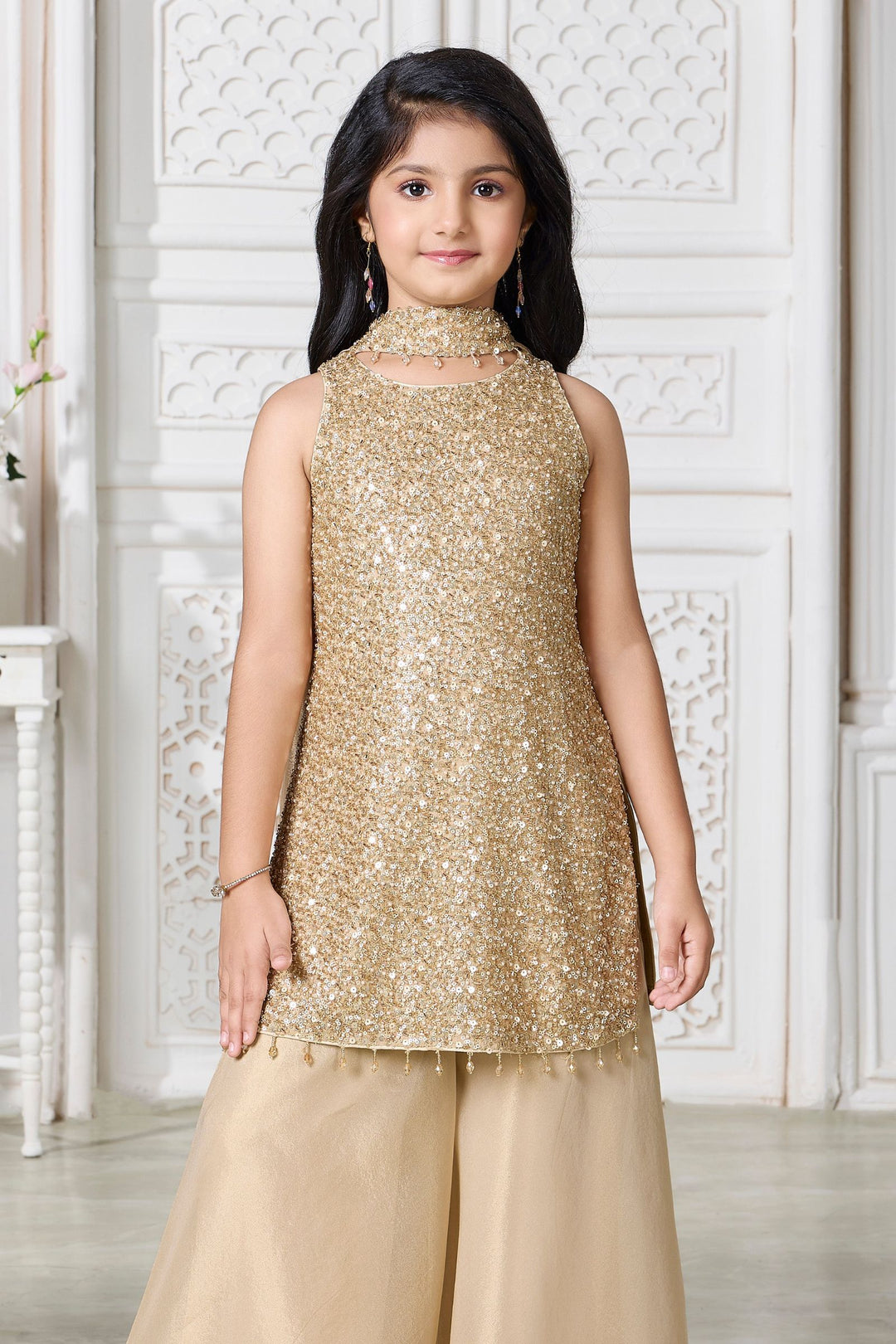 Beige Beads and Sequins work Palazzo Set for Girls