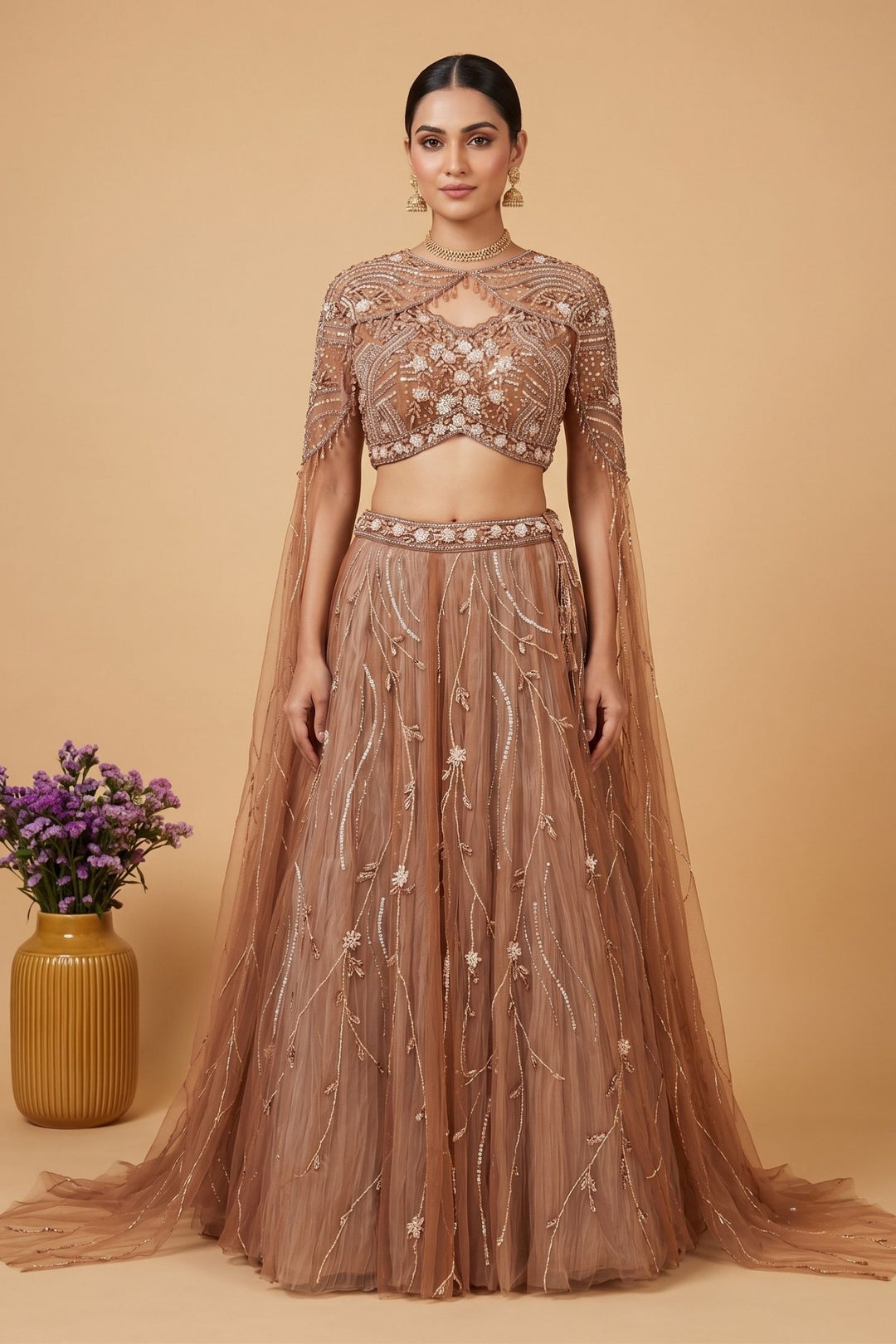 Designer Copper Brown Lehenga with Intricate Beads, Stone and Sequins work