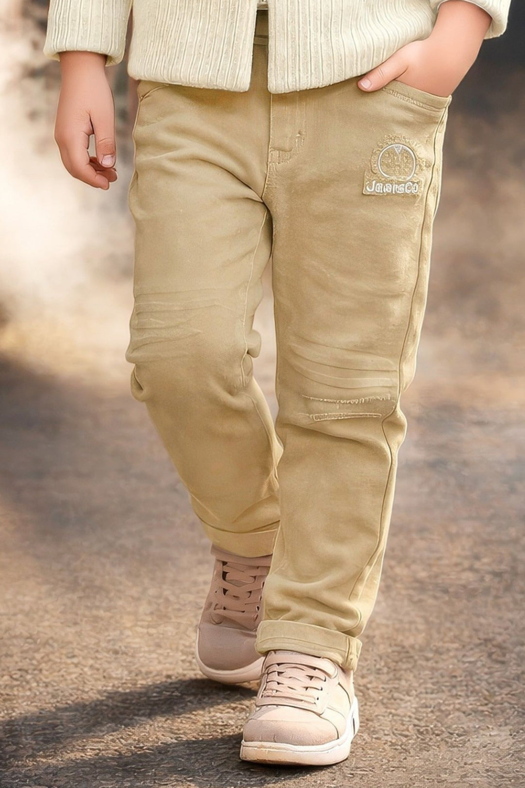 Cream Boys Blazer Set with Cream Printed T-Shirt and Light Khaki Pants