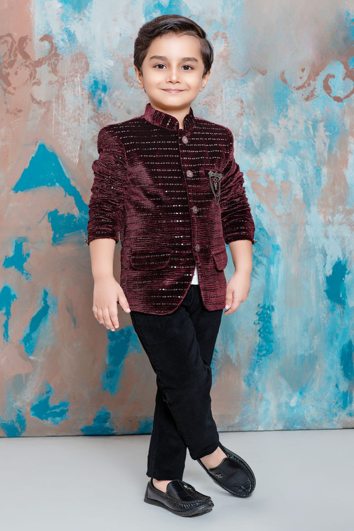 Maroon Waist Coat with White T-Shirt and Black Pant Set for Boys