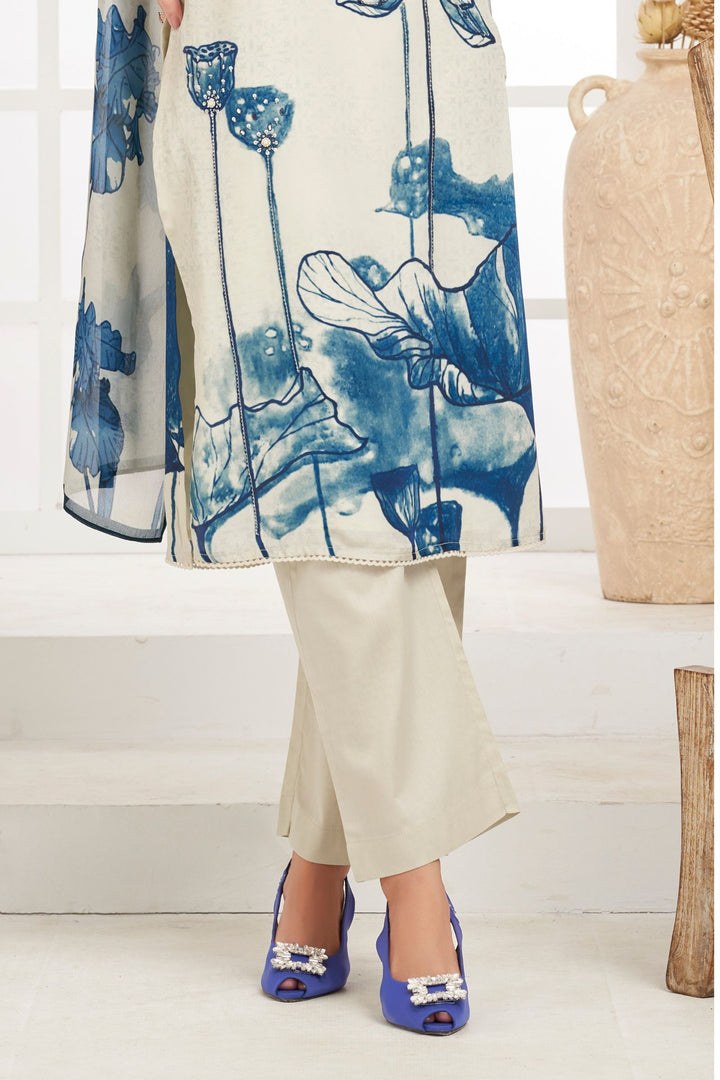 Beige with Blue Floral Print, Beads, Mirror and Sequins work Straight Cut Salwar Suit