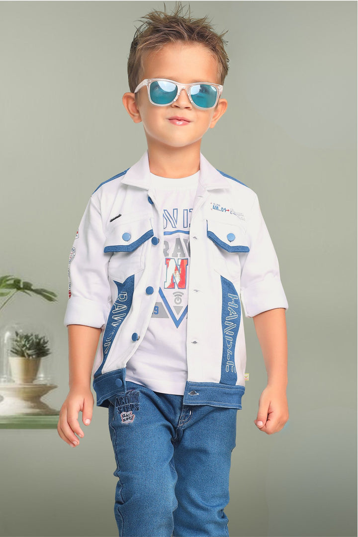 White with Blue Blazer, Printed T-Shirt and Pant Set for Boys