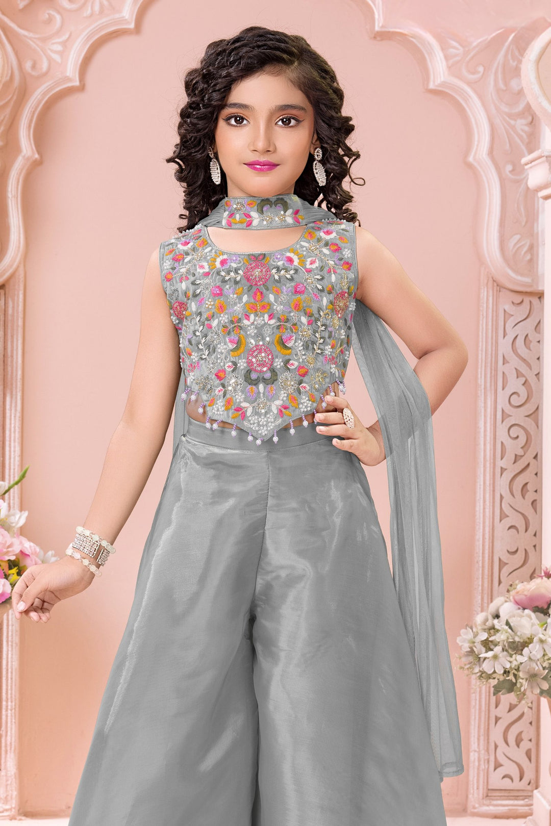 Light Grey Sequins, Beads and Multicolor Embroidery work Palazzo Suit Set for Girls