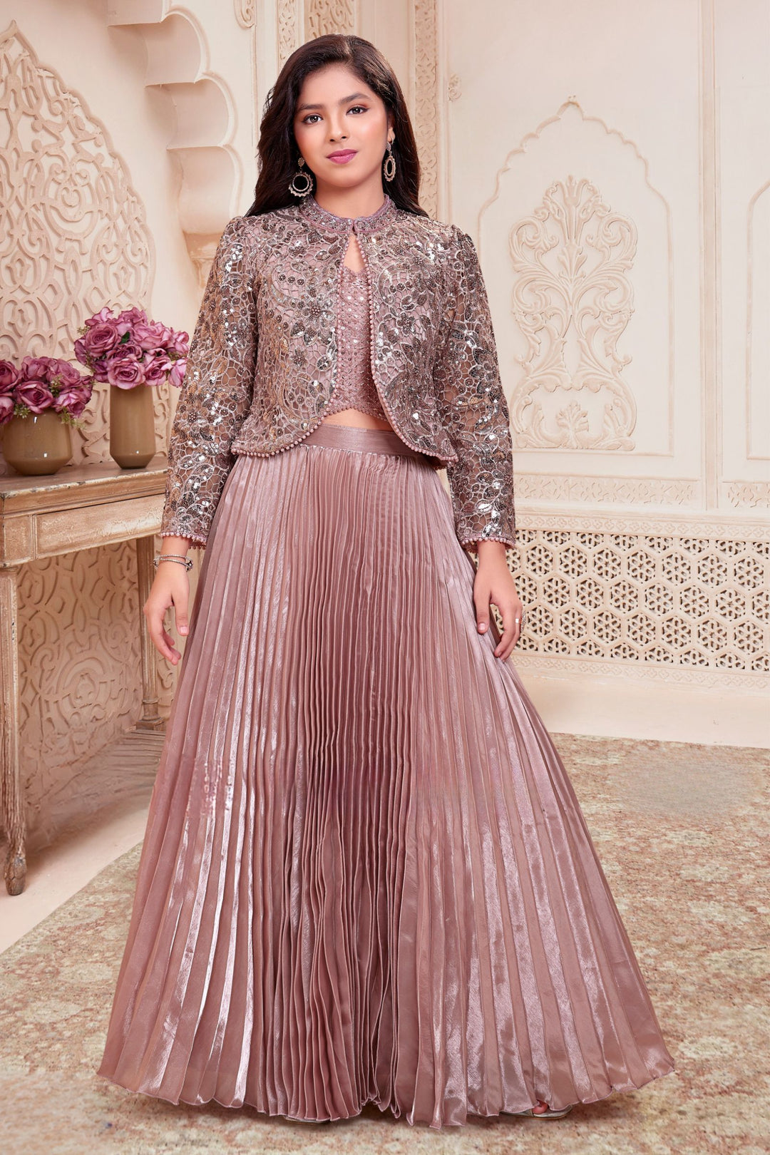 Onion Pink Sequins, Beads and Thread work Jacket Styled Lehenga Choli for Girls