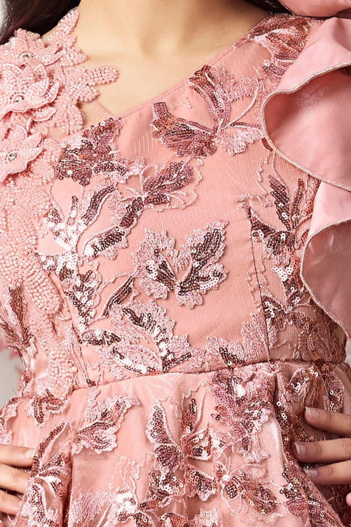Peach Sequins and Thread work Long Party Gown for Girls
