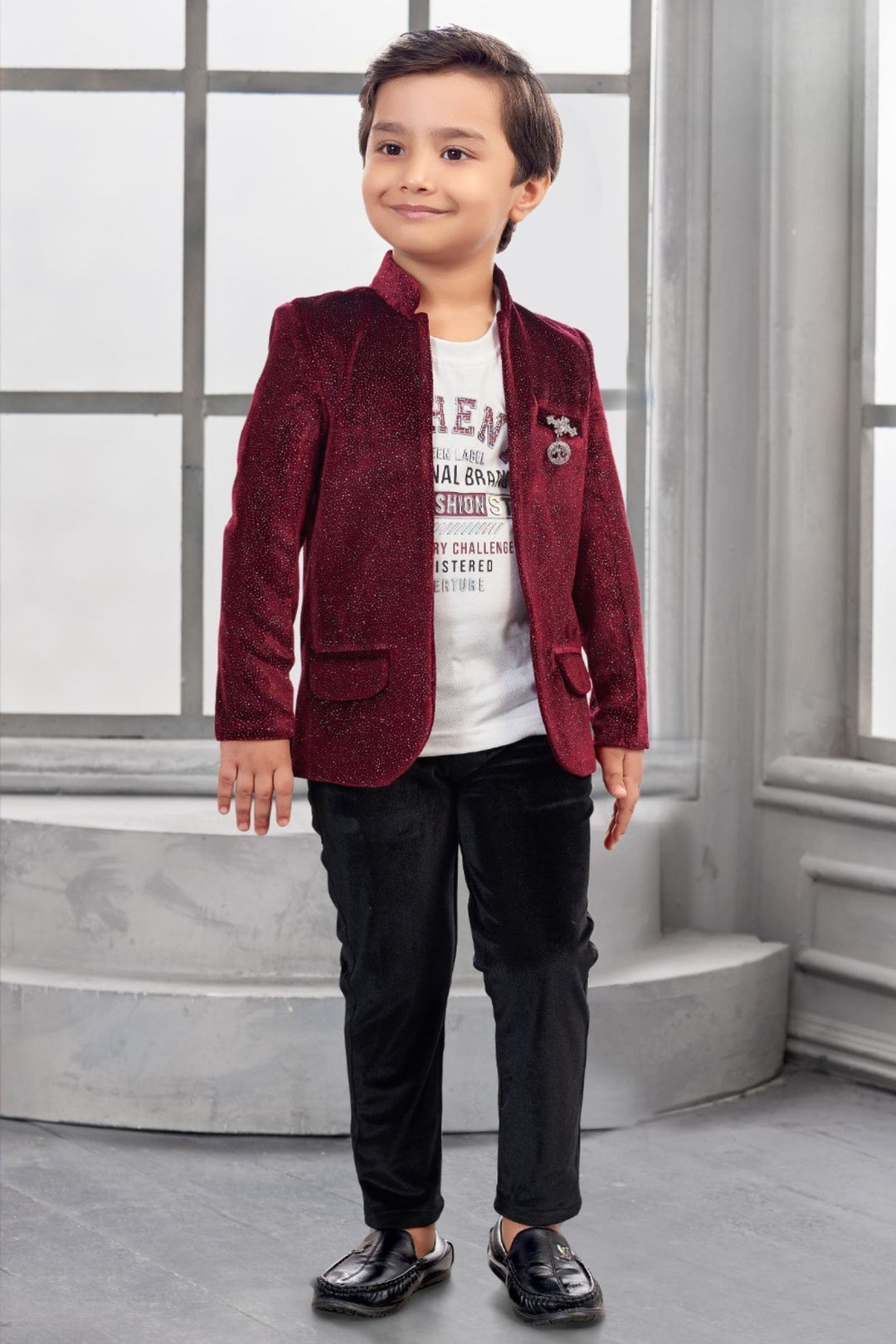 Maroon Boys Partywear Blazer Set with White T-Shirt and Black Pants