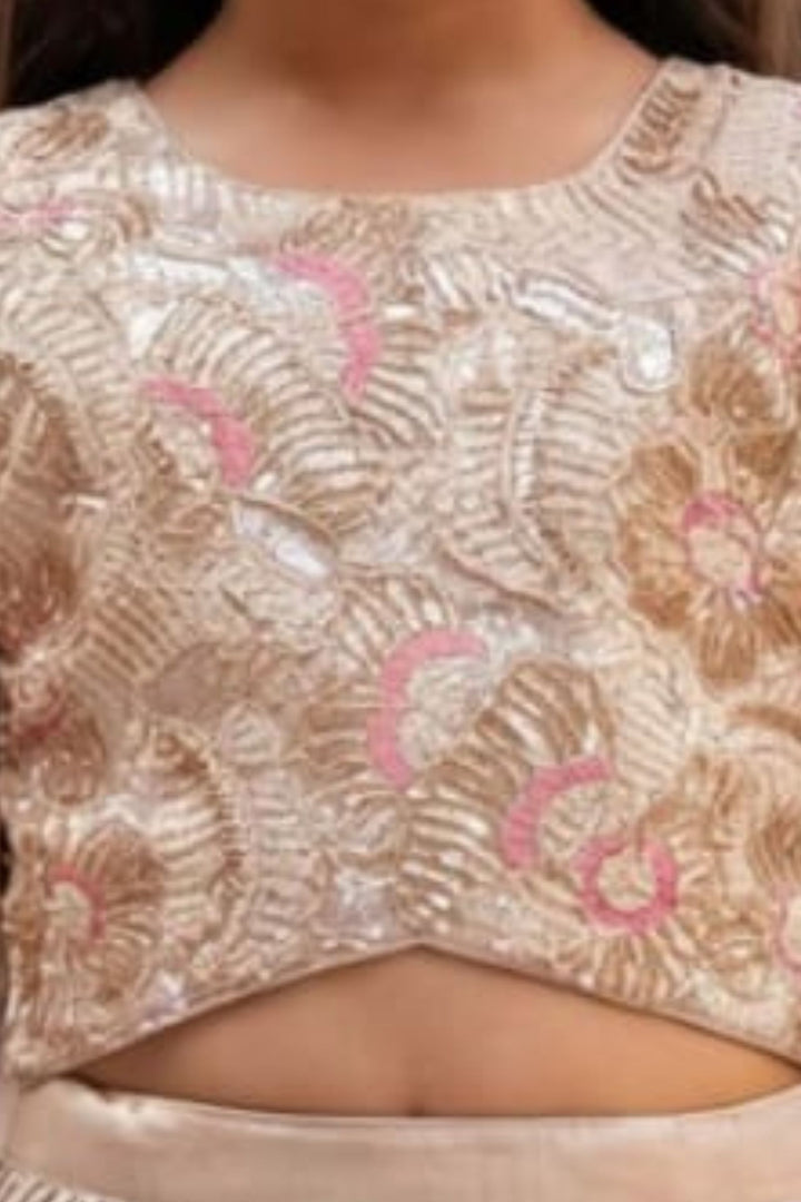 Cream Beads, Pearl, Thread, Zari and Sequins work Lehenga Choli for Girls